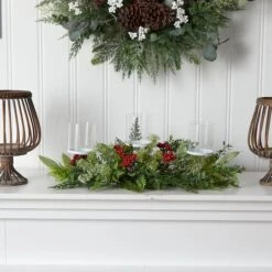 20" Winter Greenery & Berries Triple Candle Holder Christmas Table Arrangement -Northlight Sale Store D479088S 3