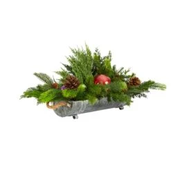 24" Cedar Pine, Pinecones & Ornaments Artificial Christmas Arrangement In Tin Vase -Northlight Sale Store D479089S 3