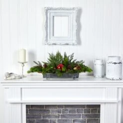 24" Cedar Pine, Pinecones & Ornaments Artificial Christmas Arrangement In Tin Vase -Northlight Sale Store D479089S 6