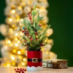 22" Pre-Lit Artificial Christmas Tree In Santa Belt Pot, Warm White LED Lights -Northlight Sale Store D479438S 2