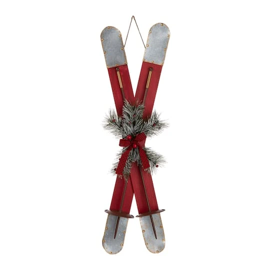 Glitzhome® 35" Red Wooden & Galvanized Ski Porch Décor 2 Glitzhome® 35" Red Wooden & Galvanized Ski Porch Décor - Image 2