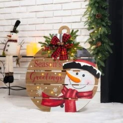 Glitzhome® 30" Lighted Round Wooden Snowman Porch Décor With Timer -Northlight Sale Store D479470S 2