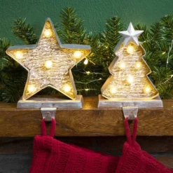 Glitzhome® 8" Marquee LED Christmas Tree & Star Wooden & Metal Stocking Holder Set -Northlight Sale Store D479484S 2