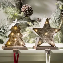 Glitzhome® 8" Marquee LED Christmas Tree & Star Wooden & Metal Stocking Holder Set -Northlight Sale Store D479484S 3