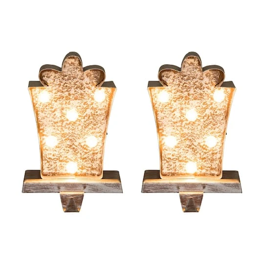 Glitzhome® 8" Marquee LED Gift Box Wooden & Metal Stocking Holder Set 2 Glitzhome® 8" Marquee LED Gift Box Wooden & Metal Stocking Holder Set - Image 2