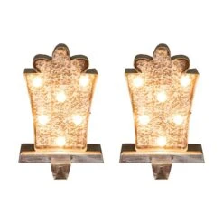 Glitzhome® 8" Marquee LED Gift Box Wooden & Metal Stocking Holder Set