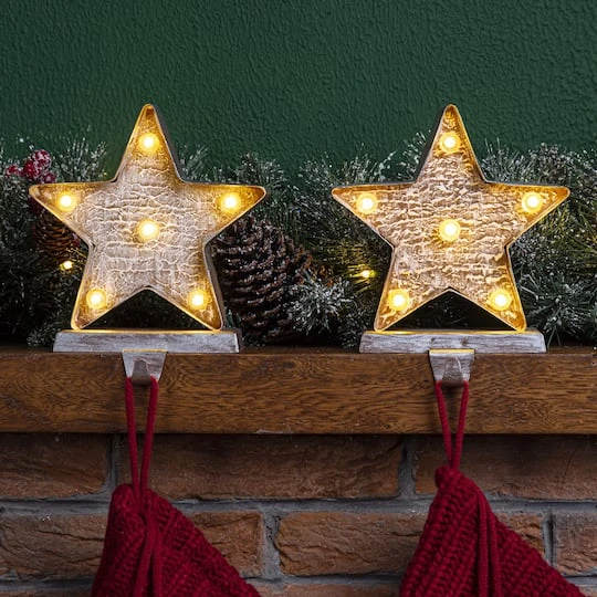 Glitzhome® 8" Marquee LED Star Wooden & Metal Stocking Holder Set 3 Glitzhome® 8" Marquee LED Star Wooden & Metal Stocking Holder Set - Image 3