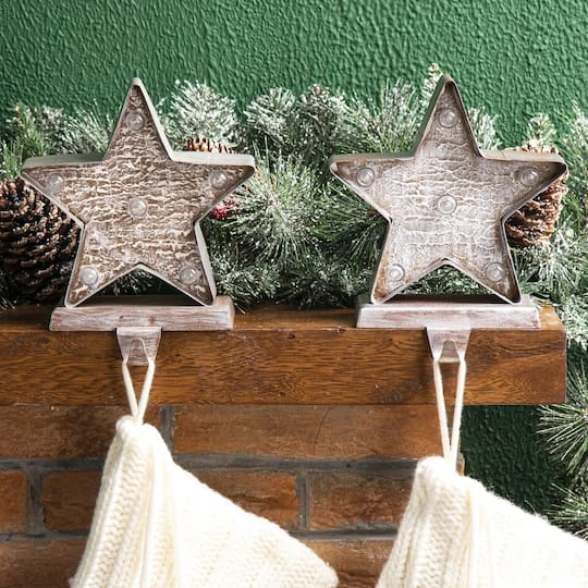 Glitzhome® 8" Marquee LED Star Wooden & Metal Stocking Holder Set 4 Glitzhome® 8" Marquee LED Star Wooden & Metal Stocking Holder Set - Image 4