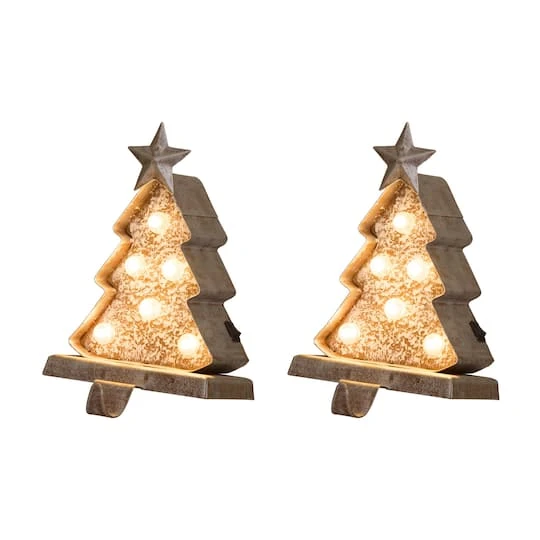 Glitzhome® 8" Marquee LED Wooden & Metal Christmas Tree Stocking Holder Set 2 Glitzhome® 8" Marquee LED Wooden & Metal Christmas Tree Stocking Holder Set - Image 2
