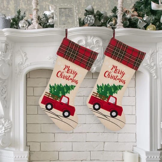 Glitzhome® 21" Red Truck Embroidered Linen Stocking, Set Of 2 3 Glitzhome® 21" Red Truck Embroidered Linen Stocking, Set Of 2 - Image 3