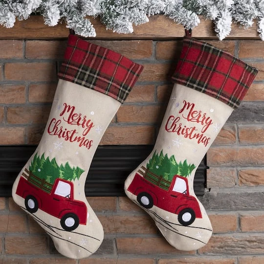 Glitzhome® 21" Red Truck Embroidered Linen Stocking, Set Of 2 4 Glitzhome® 21" Red Truck Embroidered Linen Stocking, Set Of 2 - Image 4
