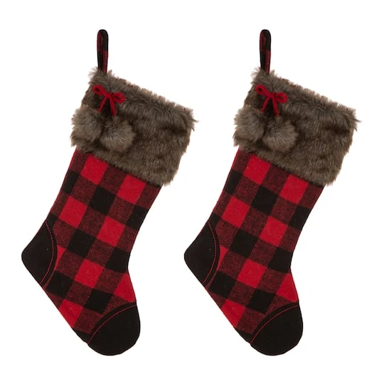 Glitzhome® 21" Black & Red Buffalo Plaid Pompom Stockings, 2ct. 1 Glitzhome® 21" Black & Red Buffalo Plaid Pompom Stockings, 2ct.