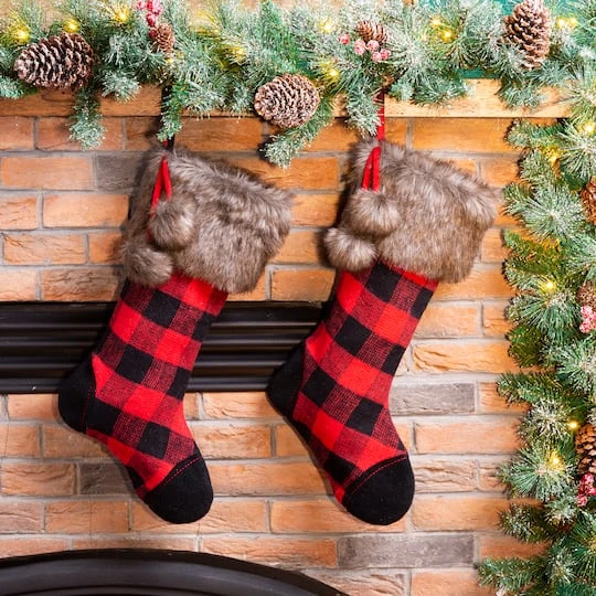 Glitzhome® 21" Black & Red Buffalo Plaid Pompom Stockings, 2ct. 3 Glitzhome® 21" Black & Red Buffalo Plaid Pompom Stockings, 2ct. - Image 3