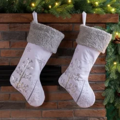 Glitzhome® 21" White Fleece Stocking With Christmas Tree & Snowflake, 2ct. -Northlight Sale Store D479598S 2