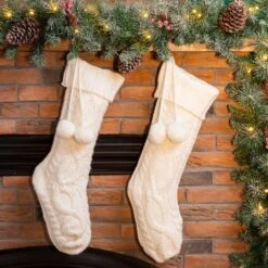 Glitzhome® 24" White Knitted Polyester Christmas Stocking With Pom Pom, 2ct. -Northlight Sale Store D479601S 2