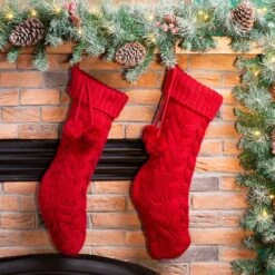 Glitzhome® 24" Red Knitted Polyester Christmas Stocking With Pom Pom, 2ct. -Northlight Sale Store D479603S 2