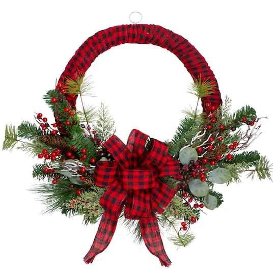 Northlight 24" Red And Black Buffalo Plaid And Berry Artificial Wreath 1 Northlight 24" Red And Black Buffalo Plaid And Berry Artificial Wreath