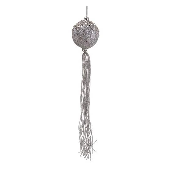 12" Glitter Silver Christmas Ball Ornament With Tassels 2 12" Glitter Silver Christmas Ball Ornament With Tassels - Image 2