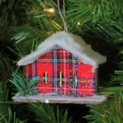 Northlight 4.5" Frosted & Glittered Red & White Plaid Snow Covered Cabin Christmas Ornament -Northlight Sale Store D491183S 5