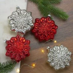 Northlight 4ct. Red & Silver Glass Snowflake Hanging Christmas Decorations -Northlight Sale Store D491620S 2