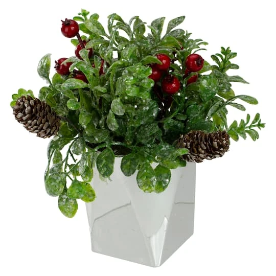 Northlight 8" Green & Silver Potted Artificial Boxwood With Berries Christmas Arrangement 2 Northlight 8" Green & Silver Potted Artificial Boxwood With Berries Christmas Arrangement - Image 2