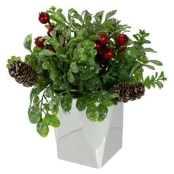 Northlight 8" Green & Silver Potted Artificial Boxwood With Berries Christmas Arrangement
