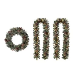 Glitzhome® 24" Pre-Lit Glittered Pinecone Christmas Wreath & Matched 9ft. Garlands Set