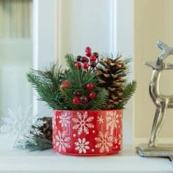 Christmas Mix In 5" Red Snowflakes Ceramic Pot -Northlight Sale Store D511158S 3