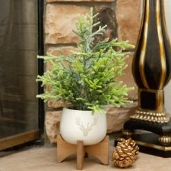 16" Unlit Frosted Artificial Christmas Tree In Staghead Ceramic Pot On Wood Stand -Northlight Sale Store D511160S 3