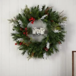 24" Holiday Winter Owl Family Pinecone Berry Christmas Wreath -Northlight Sale Store D517953S 3