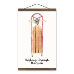 Dashing Snow Sled 12x18 Teak Hanging Canvas