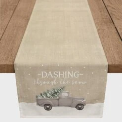 Dashing Through The Snow Painted Tree Truck 16x90 Poly Twill Table Runner
