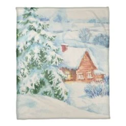 Watercolor Winter Cabin 50x60 Coral Fleece Blanket -Northlight Sale Store D518124S 1 1