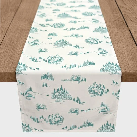 Snowy Town Teal 16x72 Poly Twill Table Runner 3 Snowy Town Teal 16x72 Poly Twill Table Runner - Image 3