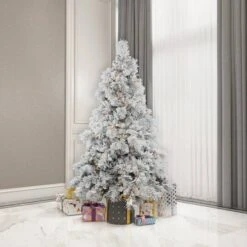 6.5ft. Pre-Lit Flocked Alberta Artificial Christmas Tree, Pure White LED Lights -Northlight Sale Store D522353S 2