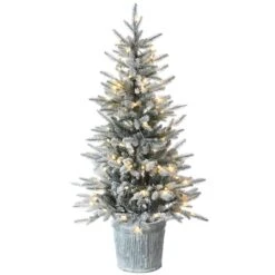 4.5ft. Pre-Lit Flocked Alpine Fir Entrance Tree In Gray Pot, Clear LED Lights