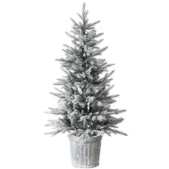 4.5ft. Pre-Lit Flocked Alpine Fir Entrance Tree In Gray Pot, Clear LED Lights -Northlight Sale Store D531427S 5