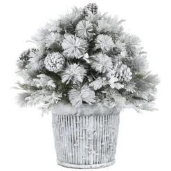 22" Pre-Lit Flocked Chiwawa Basin Pine Tree With Pinecones In Gray Pot, Clear LED Lights -Northlight Sale Store D531431S 5
