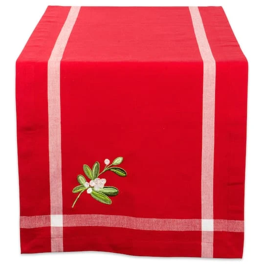 DII® 72" Red Embroidered Mistletoe Corner With Border Table Runner 1 DII® 72" Red Embroidered Mistletoe Corner With Border Table Runner