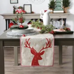 DII® 108" Red Reindeer Embroidered Table Runner -Northlight Sale Store D540115S 9