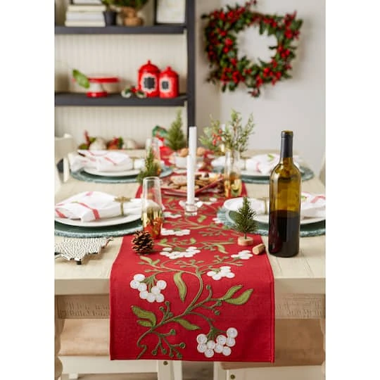 DII® 70" Red Mistletoe Embroidered Table Runner 4 DII® 70" Red Mistletoe Embroidered Table Runner - Image 4