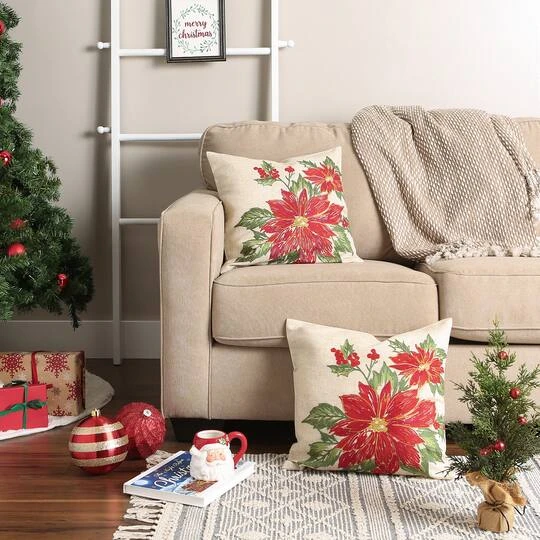 DII® Poinsettia Holly Embroidered Pillow Cover Set 8 DII® Poinsettia Holly Embroidered Pillow Cover Set - Image 8