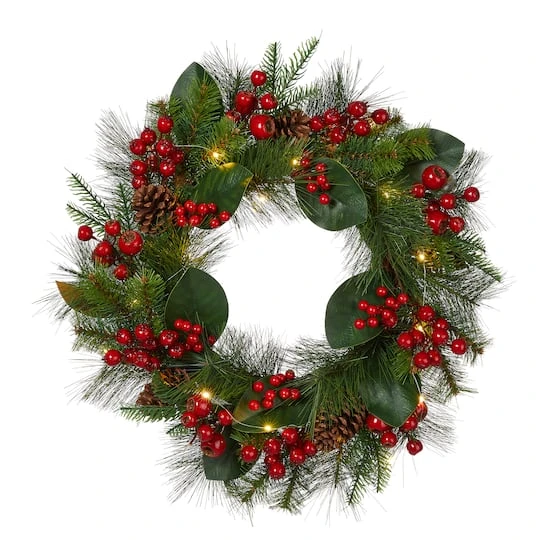 Glitzhome® 24" Pre-Lit Berry, Magnolia Leaf & Pinecone Wreath 2 Glitzhome® 24" Pre-Lit Berry, Magnolia Leaf & Pinecone Wreath - Image 2