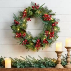Glitzhome® 24" Pre-Lit Berry, Magnolia Leaf & Pinecone Wreath 16 Glitzhome® 24" Pre-Lit Berry, Magnolia Leaf & Pinecone Wreath -Northlight Sale Store D652251S 2