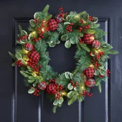Glitzhome® 24" Pre-Lit Ornament, Berry, Holly & Pine Wreath -Northlight Sale Store D652252S 3