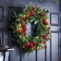 Glitzhome® 24" Pre-Lit Ornament, Berry, Holly & Pine Wreath -Northlight Sale Store D652252S 4