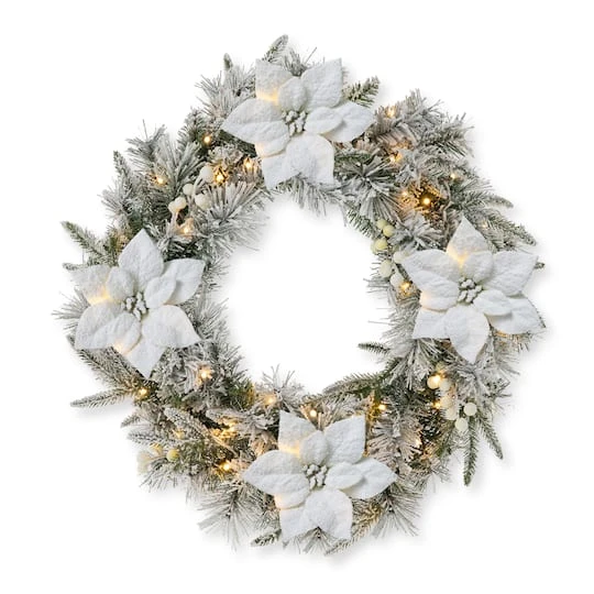 Glitzhome® 24" Pre-Lit Snow Flocked Greenery Pine Poinsettia Christmas Wreath 1 Glitzhome® 24" Pre-Lit Snow Flocked Greenery Pine Poinsettia Christmas Wreath
