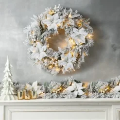Glitzhome® 24" Pre-Lit Snow Flocked Greenery Pine Poinsettia Christmas Wreath 11 Glitzhome® 24" Pre-Lit Snow Flocked Greenery Pine Poinsettia Christmas Wreath -Northlight Sale Store D652255S 2