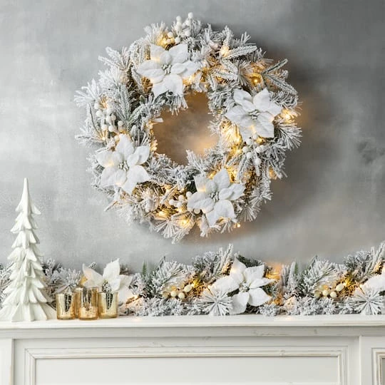 Glitzhome® 24" Pre-Lit Snow Flocked Greenery Pine Poinsettia Christmas Wreath 3 Glitzhome® 24" Pre-Lit Snow Flocked Greenery Pine Poinsettia Christmas Wreath - Image 3