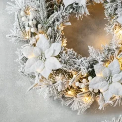Glitzhome® 24" Pre-Lit Snow Flocked Greenery Pine Poinsettia Christmas Wreath 13 Glitzhome® 24" Pre-Lit Snow Flocked Greenery Pine Poinsettia Christmas Wreath -Northlight Sale Store D652255S 4